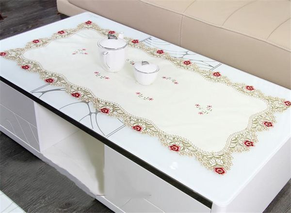 Toalha de mesa de luxo europeu com borda de laço poliéster quadrado tampa de mesa bordado flores casamento casa festa mesa decoração preferência