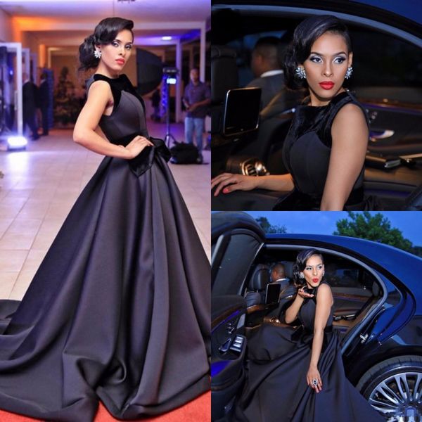 

vestido de noiva 2017 custom elegant black a line prom dresses with big bow satin sleeveless formal evening gowns red carpet party dresses