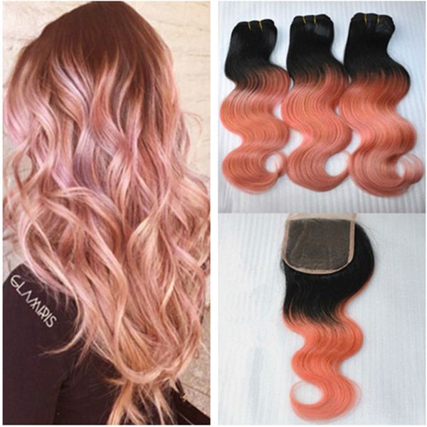Peruvian 1b Rose Gold Ombre Body Wave Virgin Hair Weave With 4 4