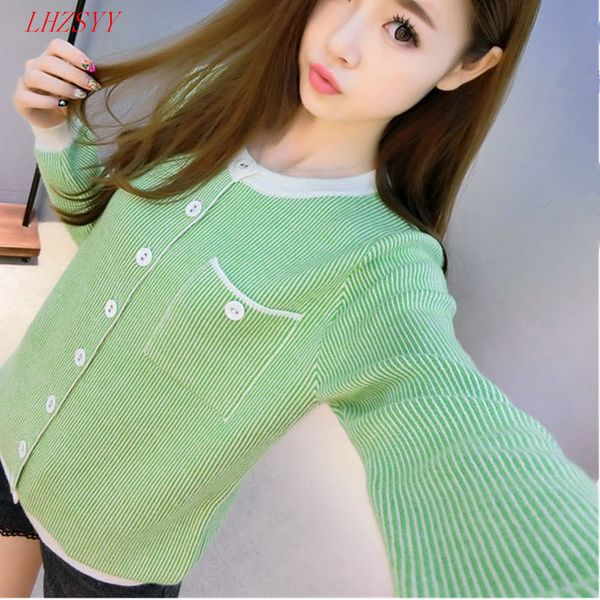 

wholesale- 2016 spring new women's round neck long-sleeved cashmere cardigan sweater stripe knit cardigan jacket fashion wild, White;black