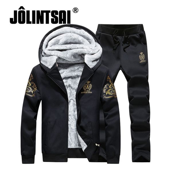 

wholesale- jolintsai hoodie fleece warm men 2017 fashion sweatshirt tracksuit sweatshirts print men sporting sets male moleton plus size, Black