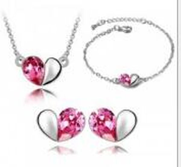 

fashion austrian crystal heart pendant necklace earrings for girls and bracelet woman jewelry set fashion jewelry sets, Black