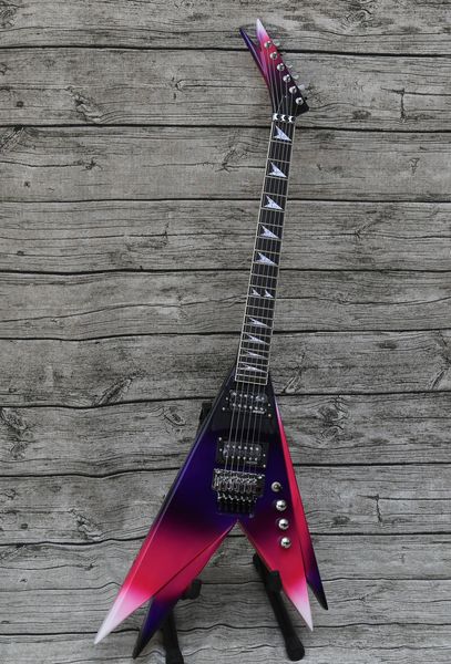 Custom ED Roman Vinnie Vincent Double V Purple Pink Electric Guitar, collo thro ontano body ebano floyd rose tremolo