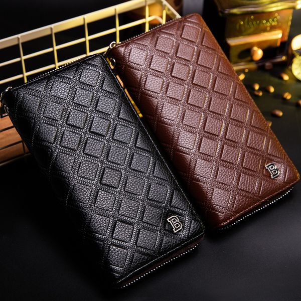 

baborry men's long wallets new plaid hand strap zipper closure black coffee quality soft large capacity credit card holder purse, Red;black