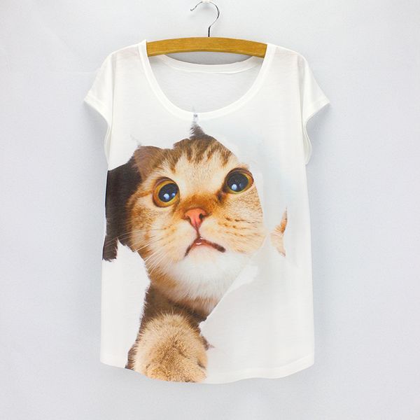 

wholesale-real 3d cute cat print t shirt women 2016 fashion novelty summer dresses short sleeve o-neck girls tees wholesale, White