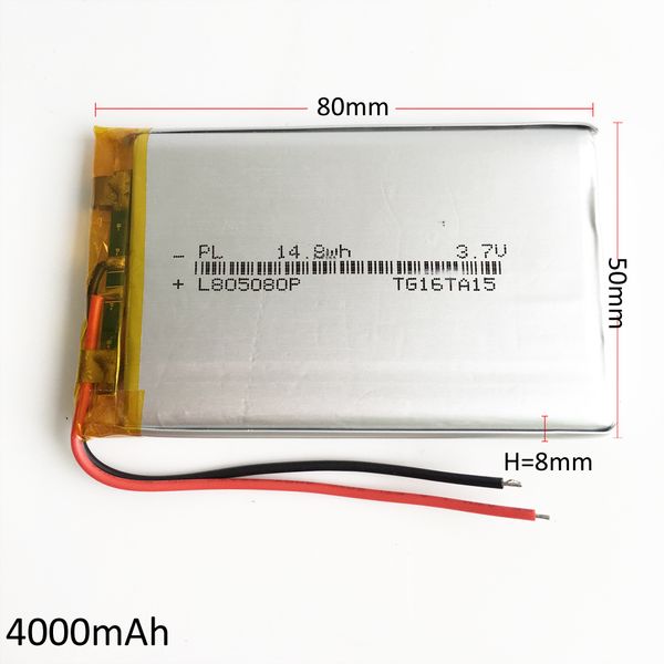 Modelo 805080 3.7 v 4000 mah bateria de polímero de lítio Li-Po recarregável para DVD PAD telefone móvel banco de potência do GPS da câmera e-livros caixa de tv recodificador