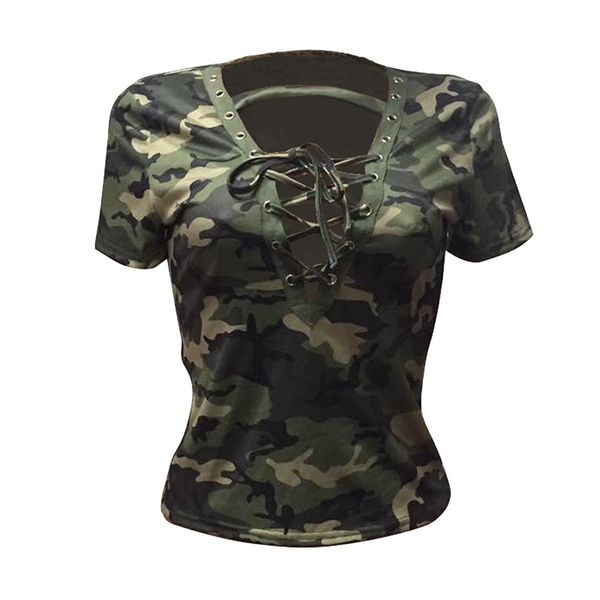 

wholesale- women shirt t-shirt amry 2017 sleeve lace casual fashion bandage v short t tshirt up camouflage tees deep cotton n sbss, Black