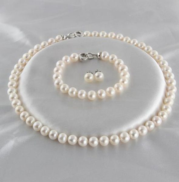 

8-9mm white natural pearl necklace 17 inch 925 silver clasp bracelet earrings