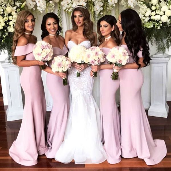 

pink off shoulder satin mermaid bridesmaid dresses simple long bridesmaid gowns wedding guest dresses arabic maid of honor bridesmaid gowns, White;pink