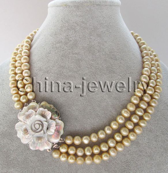 

3row 17-19" 8-9mm champagne round freshwater pearl necklace - shell clasp, Silver