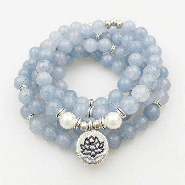 

SN1205 Design Women's 8 mm Blue Stone 108 Mala Beads Браслет или ожерелье Lotus Charm Yoga Bracelet Бесплатная доста