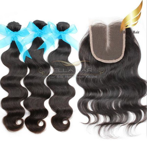 

indian body wave hair with colsure virgin human hair middle part lace closure grade 8a hair weft natural color 830 inch bella, Black
