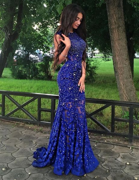 

exquisite jewel royal blue lace mermaid prom dress with beading pearl open back evening gowns floor length, Black;red