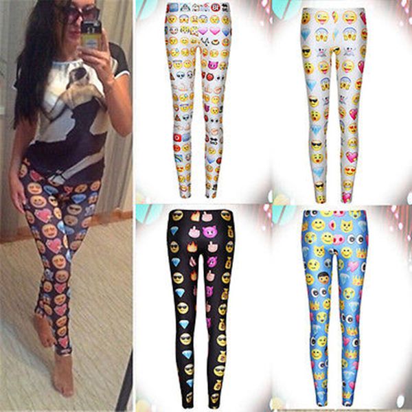

wholesale- fashion women leggings emoji print stretchy printed legging pants for woman, Black