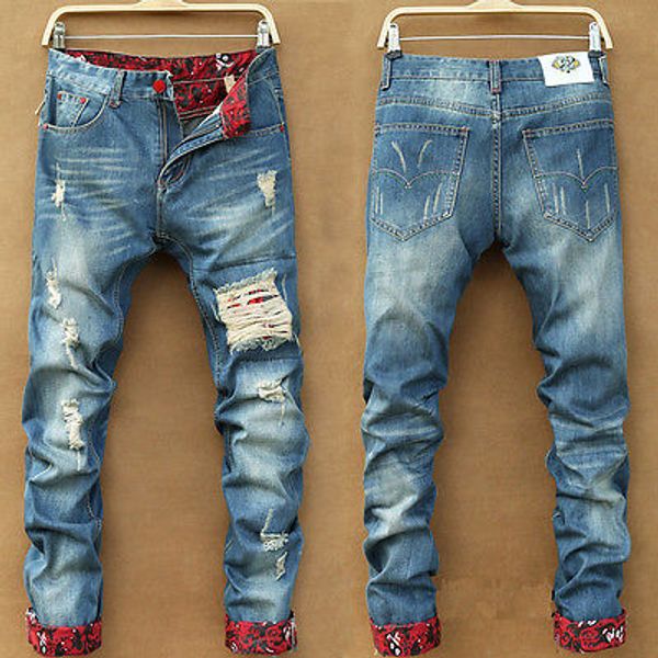 

wholesale-men stylish ripped jeans pants biker classic skinny slim straight denim trousers, Blue