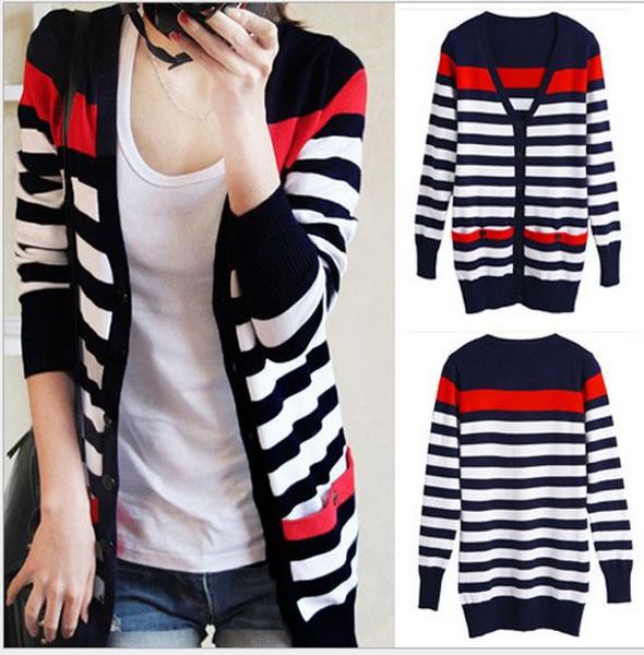 

wholesale- spring and autumn slim basic jacket was thin sweater cardigan long paragraph striped sweater coat female air - conditioning shir, Black;brown