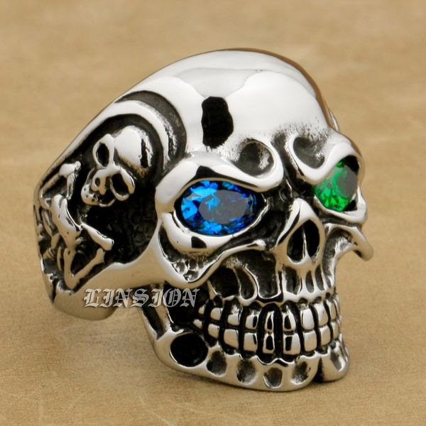 

linsion huge heavy 316l stainless steel blue green cz eyes titan skull mens boys biker rock punk ring 3a501, Golden;silver