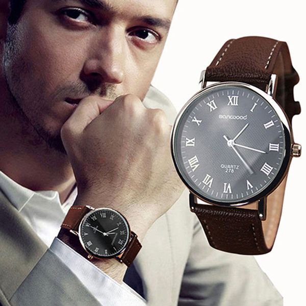 

wholesale- men's roman numerals faux leather band quartz analog business wrist watch 2mzh 6jkb, Slivery;brown