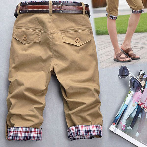 

wholesale-mens fashion casual summer plaids checks pockets cropped zip trousers black men's cargo pants homme harajuku pantalon homme