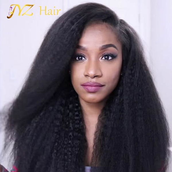 

jyz peruvian glueless kinky straight full lace wig for black women 130 density lace front wig elastic net with combs, Black;brown