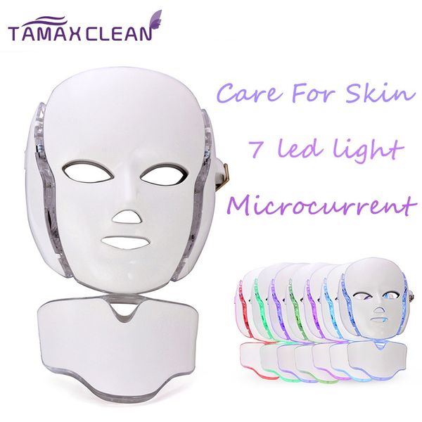 LM001 MOQ 1 pc 7 luci a LED Photon Therapy Beauty PDT Machine Ringiovanimento della pelle LED Maschera per il collo del viso con microcorrente Per lo sbiancamento della pelle