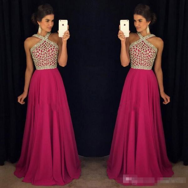 

Sexy Fuchsia Crystal Prom Dresses Sleeveless Beads A Line Cheap Chiffon Evening Gowns Plus Size Formal Party Dress Floor Length