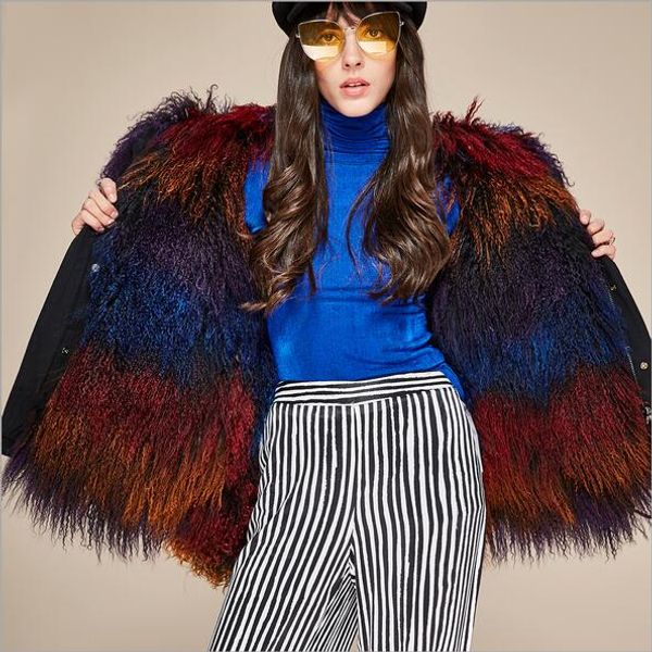 

Jazzevar brand rainbow fur trim mongolia heep fur black mini cotton jacket mongolia hee fur lining mini parka germany norway
