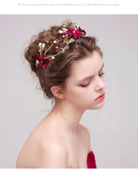 Mode Strass Rote Blume Gold Überzogene Schmetterlings-haarbänder Hochzeit Tiara Perle Stirnbänder Braut Haarschmuck Zubehör