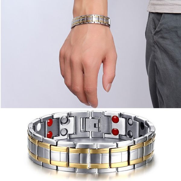 

fashion jewelry 21.5cm gold sliver color healing care infrared ions tourmaline germanium magnetic alloy bracelet for men gift b817s, Black