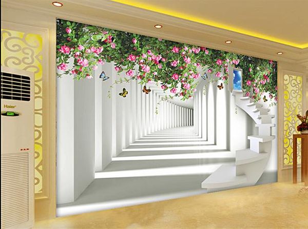 Espaço 3D para expandir a rosa borboleta escadaria TV mural 3d murais de parede para sala de estar