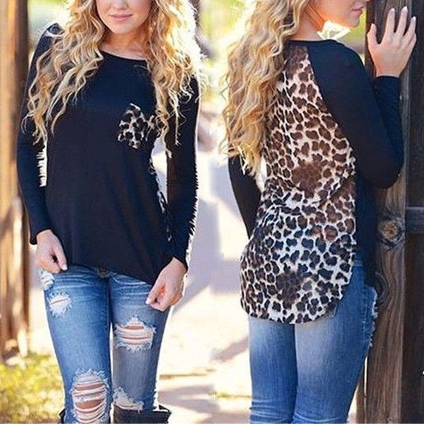 

wholesale-2016 summer spring leopard printed t shirt o neck raglan sleeve casual t shirt irregular patchwork black white s-xxl