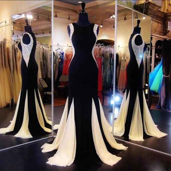 

2017 sparkly black mermaid prom dresses jewel neck sleeveless sequined long evening dresses chiffon sweep train pageant celebrity gowns