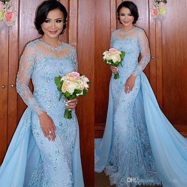 

2017 Baby Blue Дубай кружева Русалка Пром платья с юбкой Sheer шеи длинными рукавами аппли