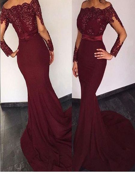 

mermaid prom dress off shoulder long sleeves evening dress burgundy graduation dress long sleeves burgundy lace formal party, Black;red