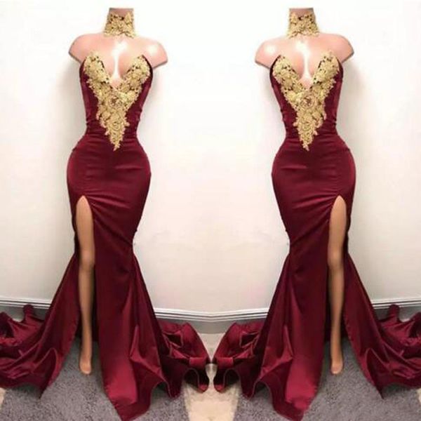 

burgundy mermaid high split prom dresses gold lace appliques high neck prom dress african party gowns, Black