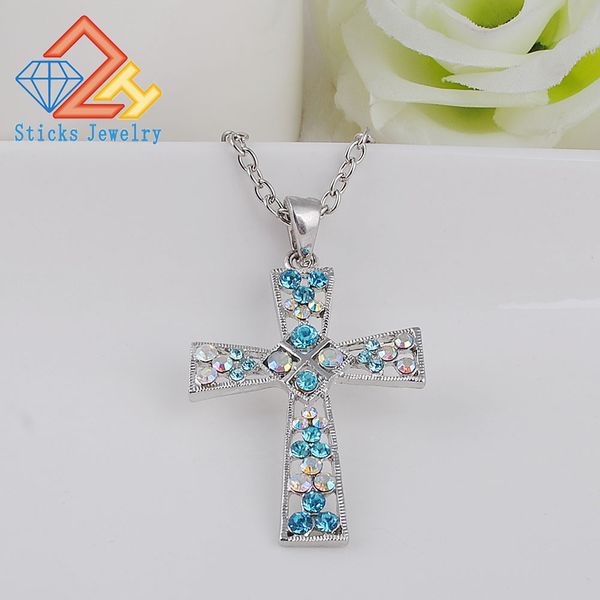 

Crosses Jewelry for Women Silver Plated Pendant Necklace Zinc Alloy Hollow Out Shiny Austrian Crystal Trendy Necklace