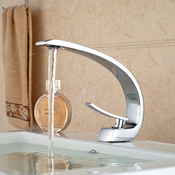 Wholesale- Unique Design Deck Mount Full Brass Bathroom Basin Faucet Single Handle Mixer Taps Chrome Finished