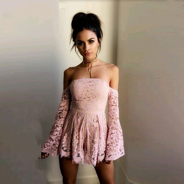 

sweety pink lace party dresses off-shoulder illusion long poet sleeve prom dress 2017 seller mini length club wear, Black