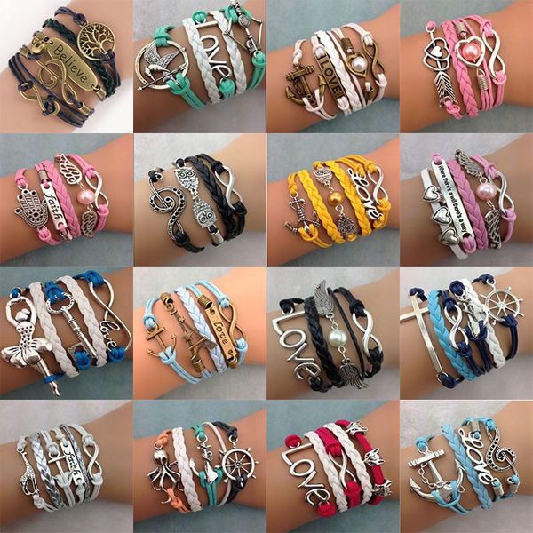 DIY Infinity Charme Braceletes Antique Cross Braceletes Venda Quente 55 Estilos Moda Pulseiras De Couro Multicamada Coração Tree of Life Jewelry