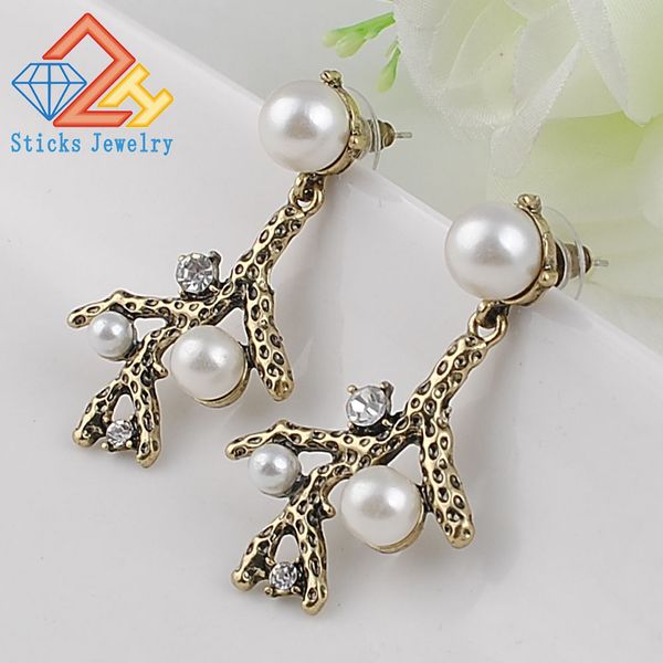 

vintage glamour charm earrings european pop vintage jewelry simulated-pearl tree branch earrings sticks jewelry, Silver