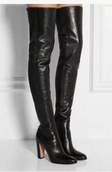

2017 winter/autumn women thigh high boots chunky heel tall booties real leather long boots ladies winter fashion shoes over the knee bota, Black