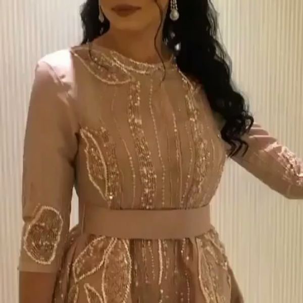 

2017 beaded embroidery evening dre e brown with 3 4 long leeve and wai t ribbon