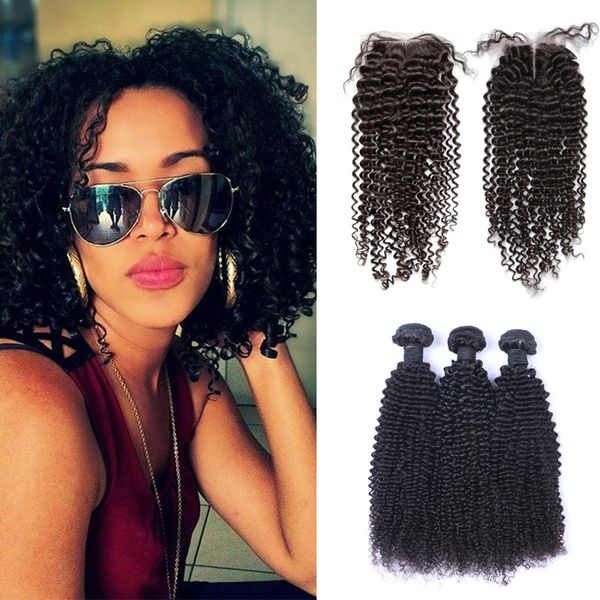 

selling brazilian kinky curly hair weaves 3 bundles with closure middle 3 part double weft human hair extensions dyeable human hair, Black