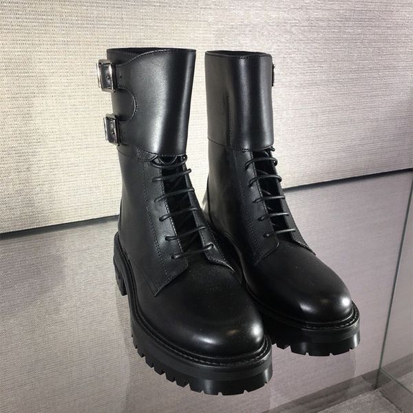 

high quality~ u748 black genuine leather belt platform short boots flats luxury designer