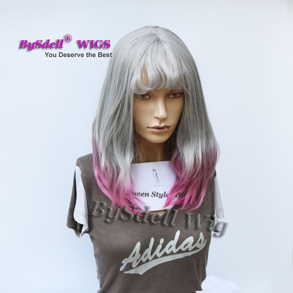 Synthetic Two Tone Pastel Granny Grey Ombre Pink Color Hair Wig