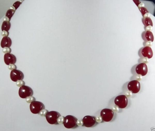 

7-8mm white cultured pearl&12mm red heart jade necklace 18", Silver