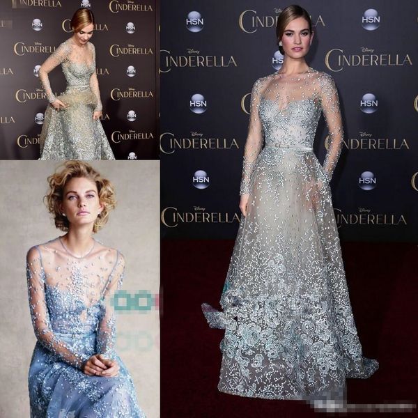 

золушка в elie saab couture red carpet платья знаменитостей 2017 скромный небесно-голубой кружевной жемчуг иллюзия с длинным рукавом вечерни, Black;red