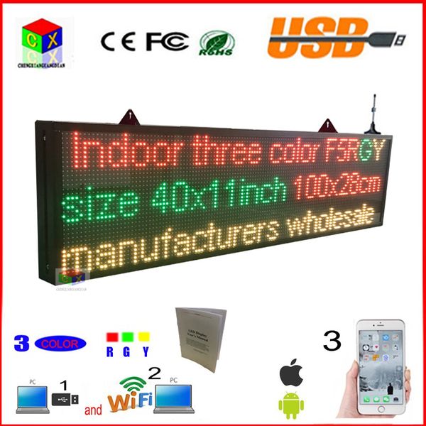 

led sign 40x11 inch rgy tri-color scrolling message board wifi led sign led sign smartphone programmable, indoor use for storefront, cafe