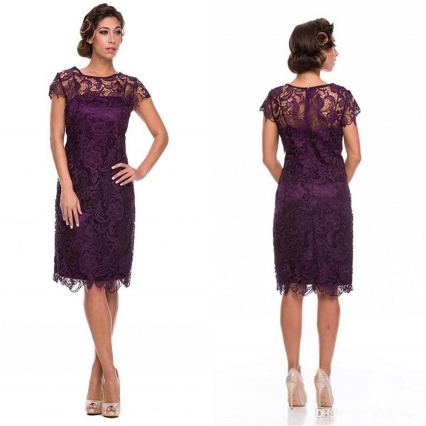 Vintage 2016 Venda Quente Berinjela Roxo Laço Na Altura Do Joelho Mãe Da Noiva Vestidos Barato Manga Curta Mãe Do Noivo Vestido Feito Sob Encomenda EN11258