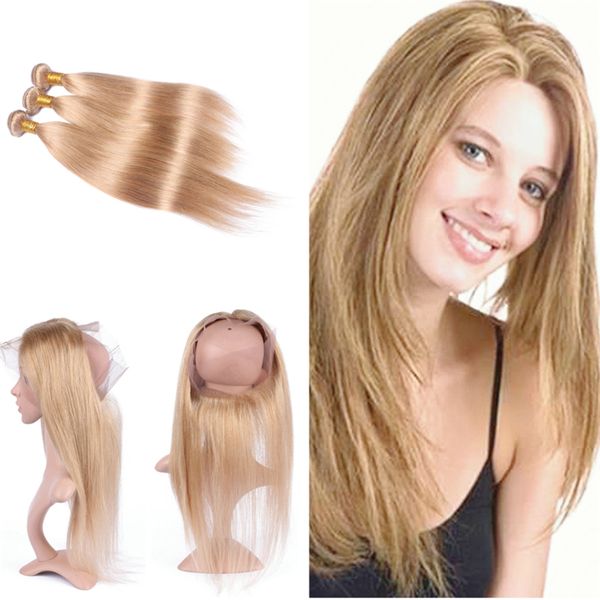 

silky straight hair weft with pre plucked 360 frontal 4pcs/lot honey blonde 27 hair 3 bundles with 360 frontal 22.5x4x2r, Black;brown